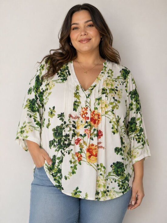 Rose & Olive Tops - Rose + Olive 2X Floral Botanical Leaves Blouse Popover Pleating Flowy Romantic